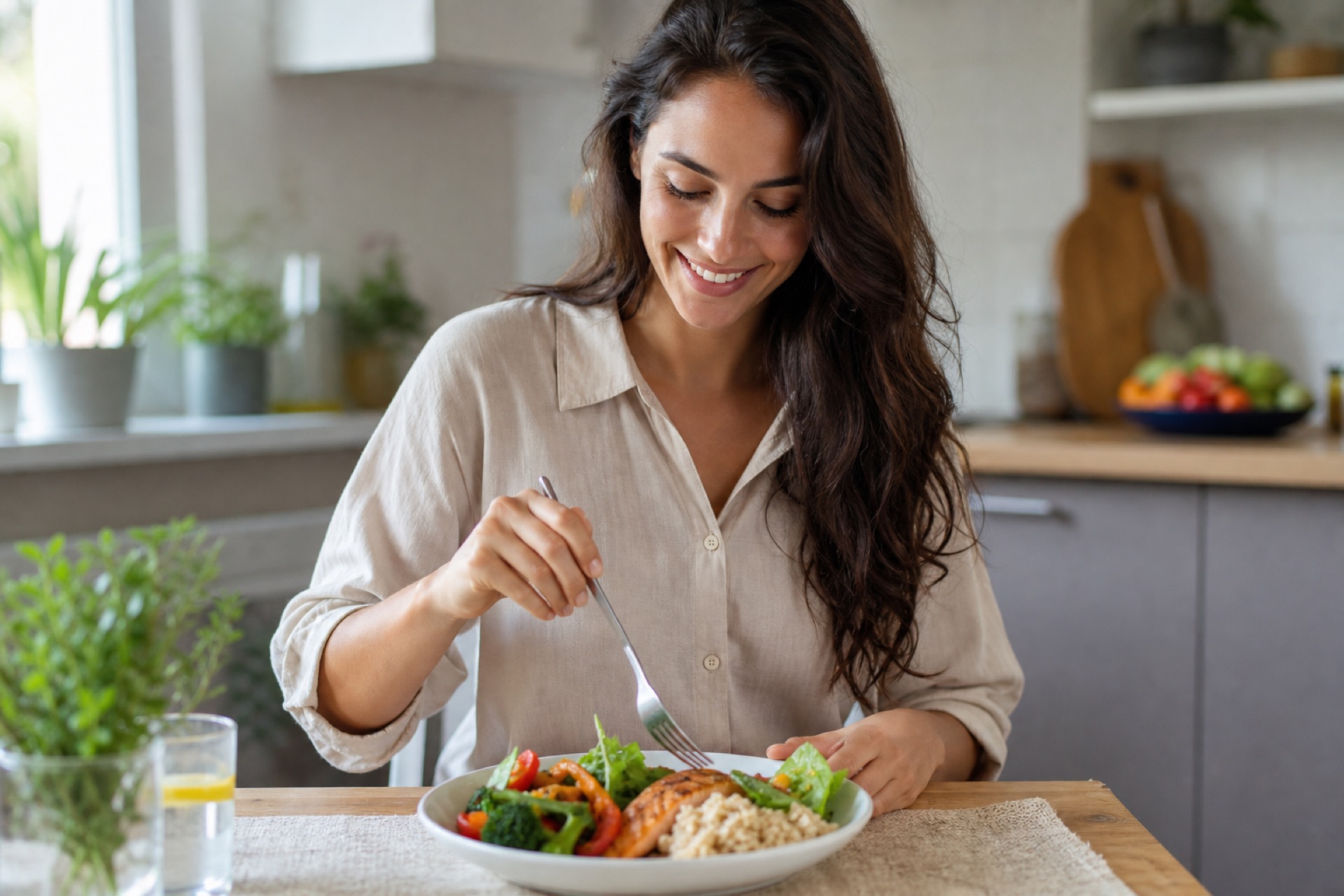Person managing appetite with balanced wellness